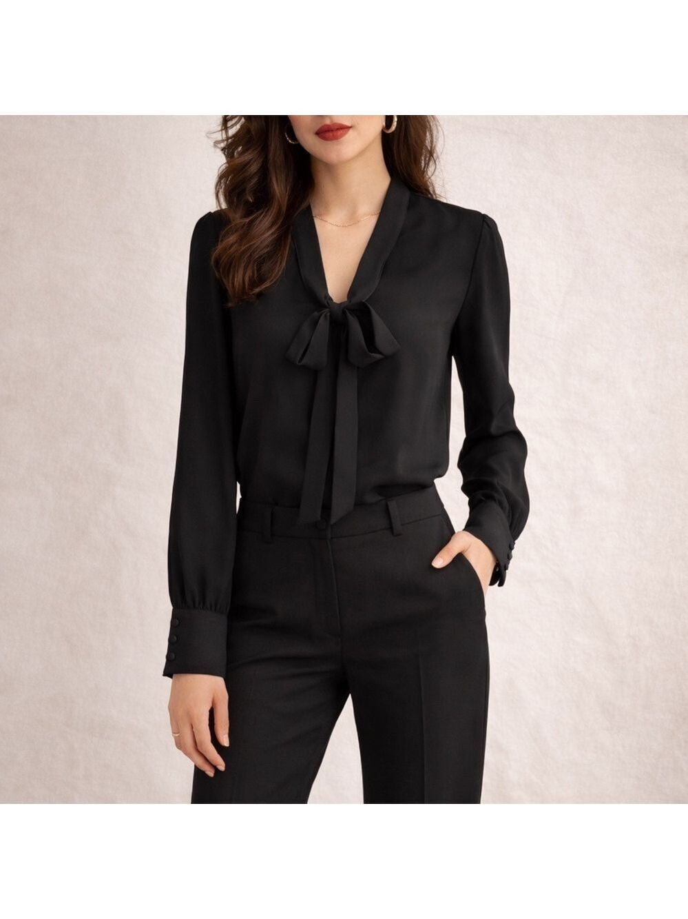 Express Black Bow Tie Neck Blouse XS Elegant Long Sleeve Workwear Top